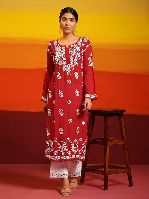 Samma Premium Hand Embroidery Chikankari Kurta in Modal Cotton- Red
